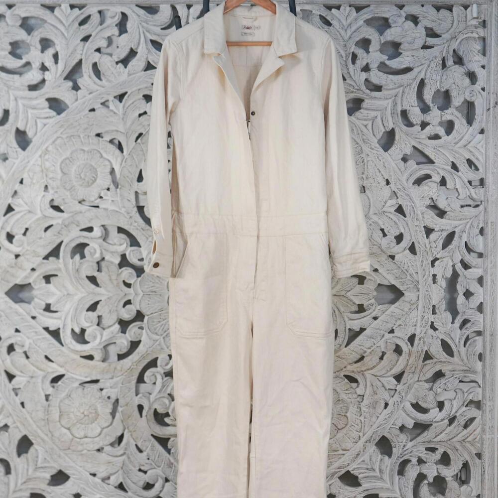 Faherty Cream 99% Organic Cotton Utility Jumpsuit M Long Sleeve Solid Workwear